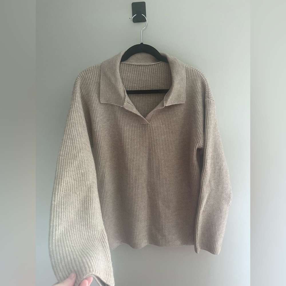 Beige Ribbed Collared Women's Sweater - Picture 2 of 4